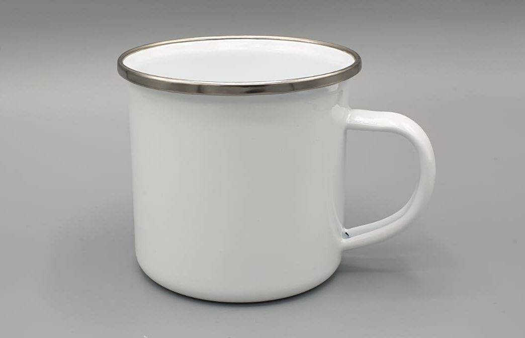 Emaille Tasse weiß mit Silberrand & Wunschmotiv