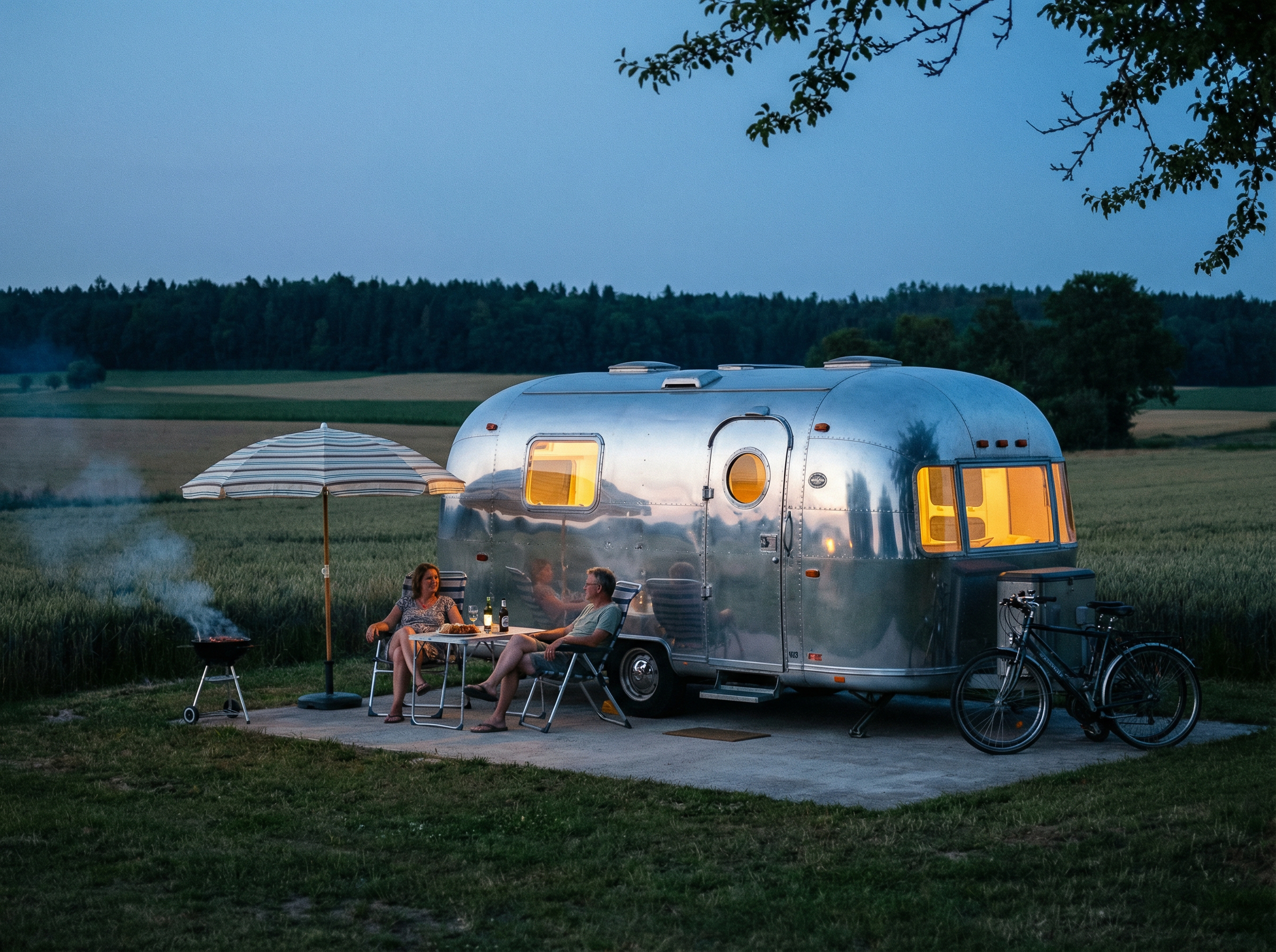 Wohnmobil in malerischer Berglandschaft bei Sonnenuntergang