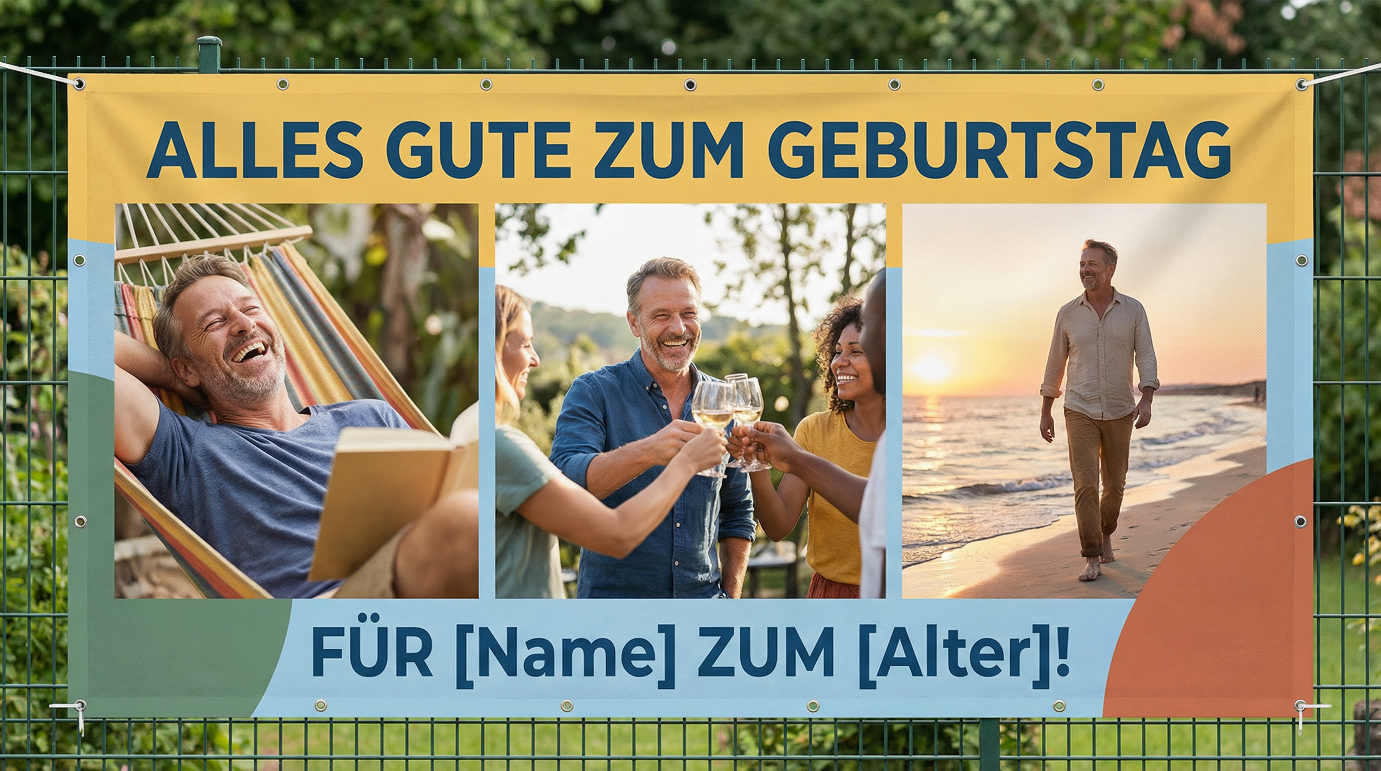 Zum Geburtstag ein Plakat aufhängen 3 Geburtstagsbanner mit Collage in warmen Farben