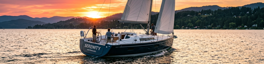 Segelboot mit Folienbeschriftung am Heck auf dem Wasser e1774689721939