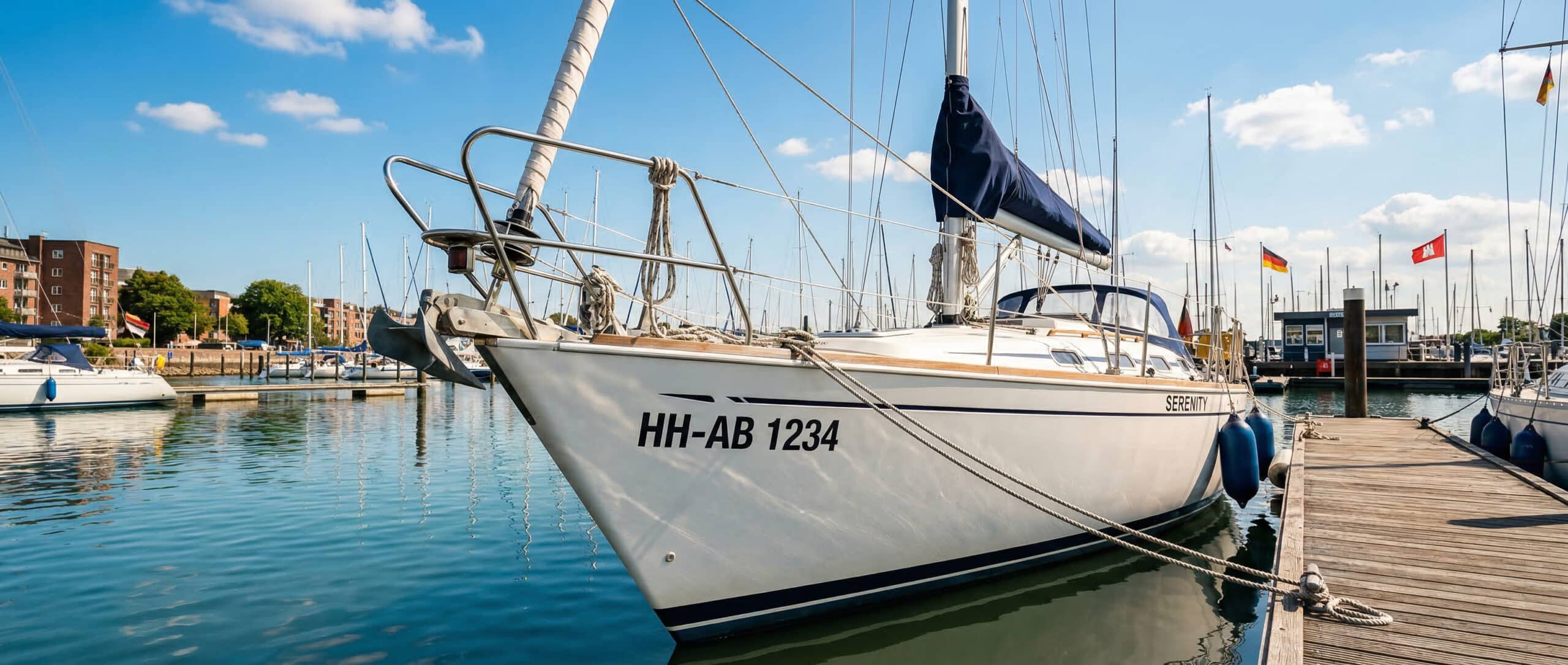 Segelboot mit amtlichem Bootskennzeichen aus Klebefolie am Bug