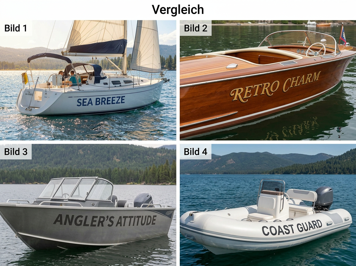Vier Bootstypen mit passender Folienbeschriftung im Vergleich