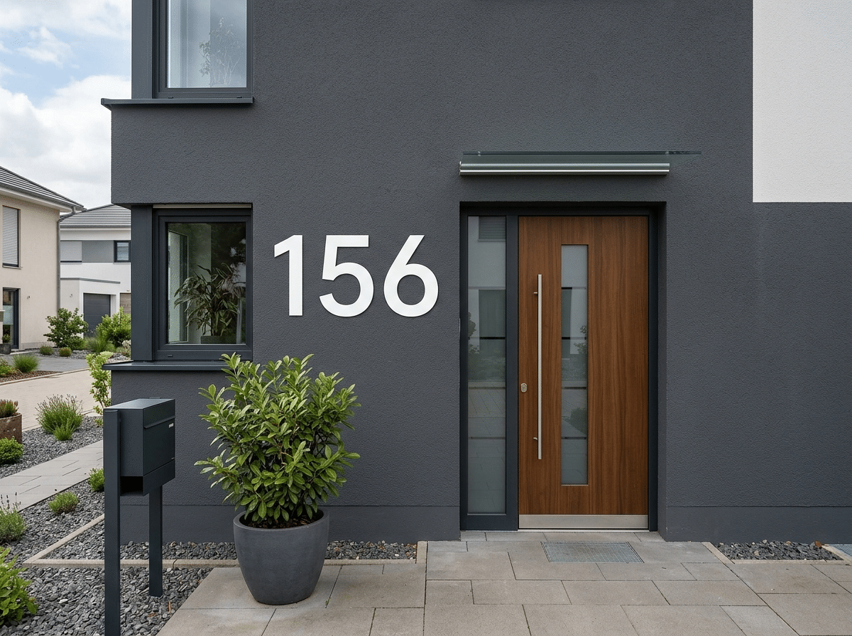 Grosse moderne Hausnummer aus Klebefolie an einer hellen Hausfassade