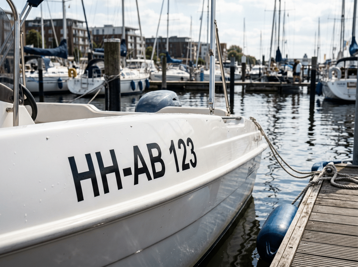 Amtliches Bootskennzeichen aus Klebezahlen am Bootsrumpf