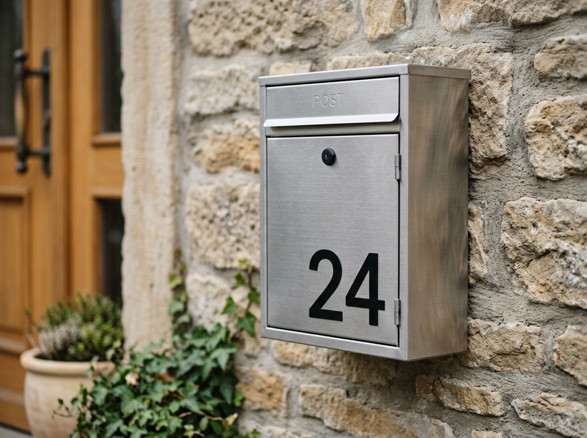 Klebezahlen als Hausnummer auf einem anthrazitfarbenen Briefkasten