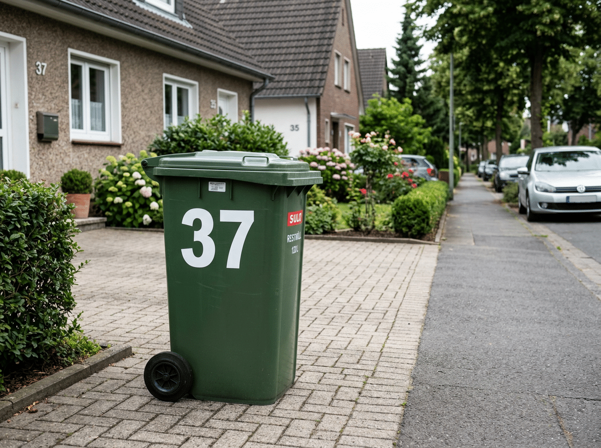 Klebezahlen als Hausnummer auf einer schwarzen Muelltonne