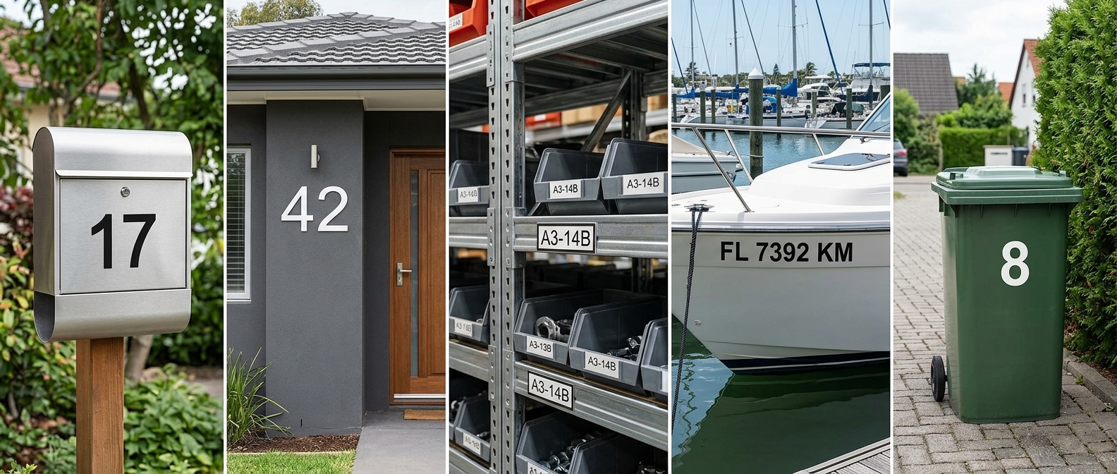 Klebezahlen im Einsatz Briefkasten Hausnummer Hausfassade Lagerregal Beschriftung Bootskennzeichen und Muelltonne mit selbstklebenden Zahlen