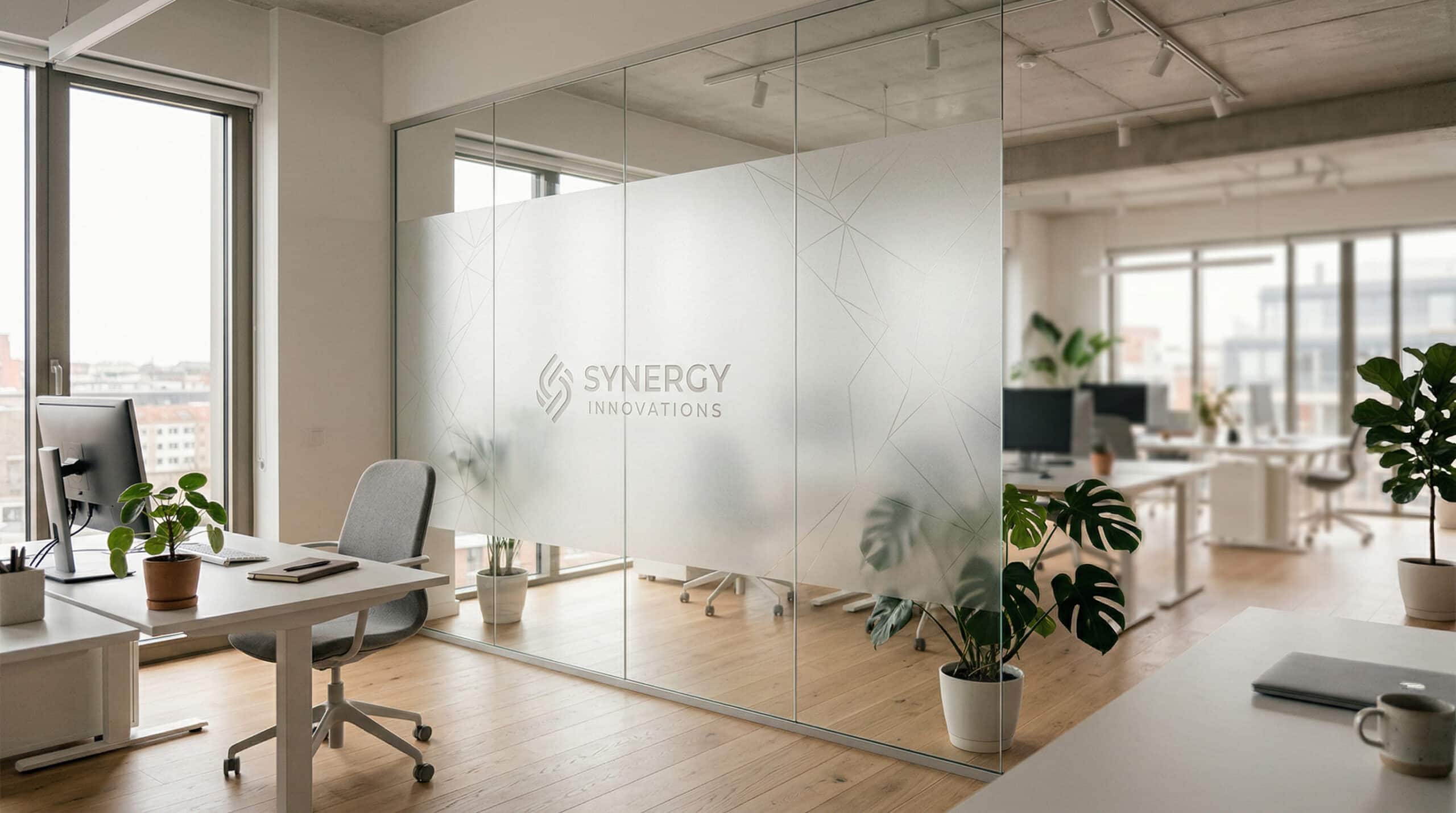 Milchglasfolie mit Motiv auf Glastrennwand in Büroräumen