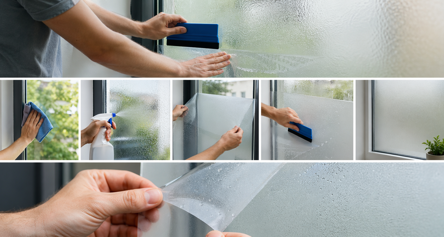 Hände mit Rakel bringen Sichtschutzfolie auf eine Fensterscheibe an