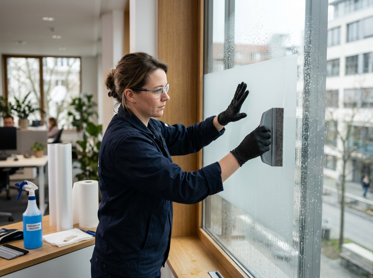 Detailaufnahme der Nassmontage einer Milchglas-Sichtschutzfolie am Fenster
