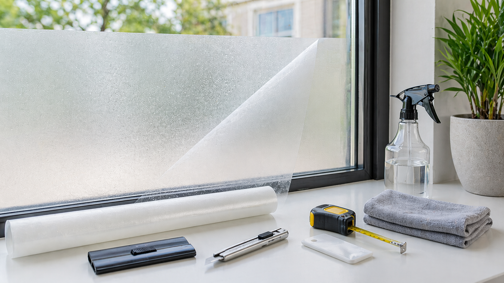 Werkzeug- und Materialübersicht zum Anbringen von Sichtschutzfolie