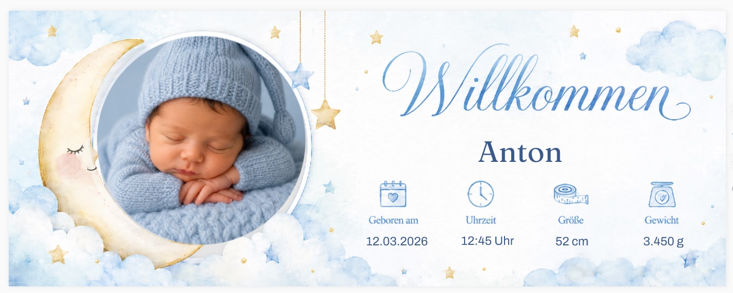 Personalisiertes Babybanner Junge — Mond Hellblau selbst gestalten