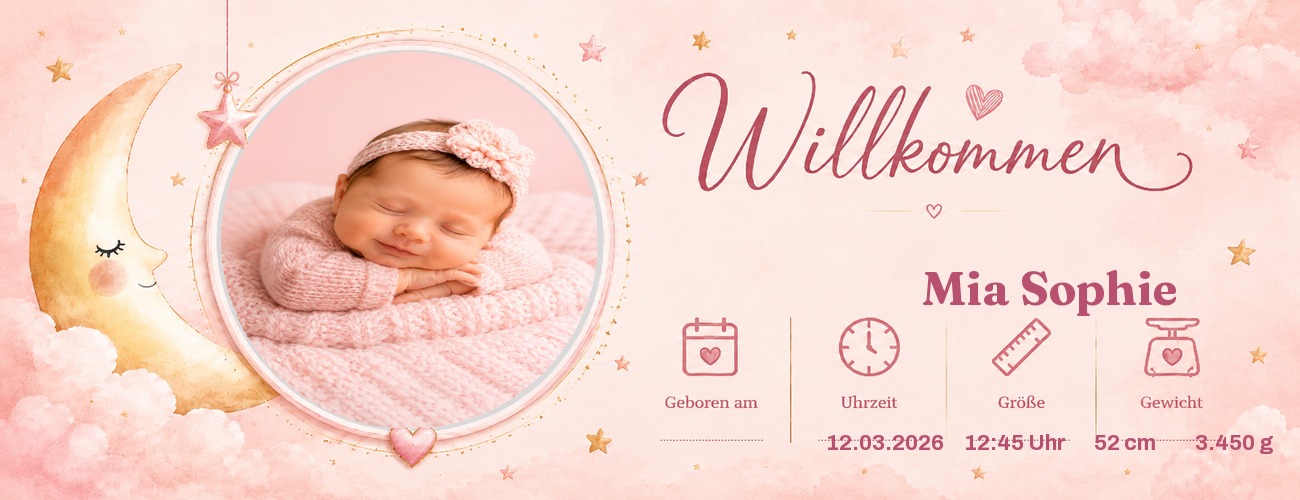 Personalisiertes Babybanner Mädchen — Mond Rosé selbst gestalten