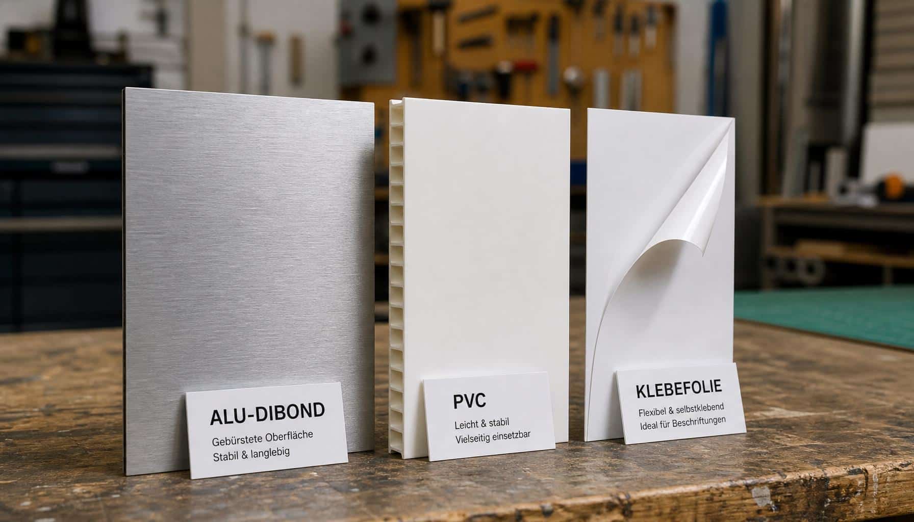 Vergleichsbild zu Firmenschild: Vergleichstabelle: Alu-Dibond vs. PVC vs. Klebefolie