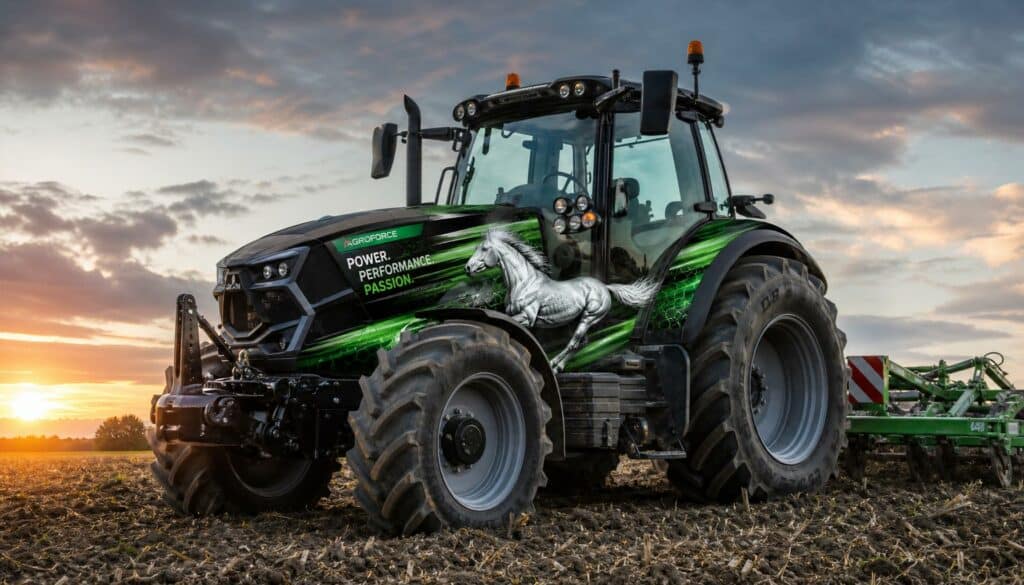 Traktor mit Folienbeschriftung auf einem Feld im Emsland
