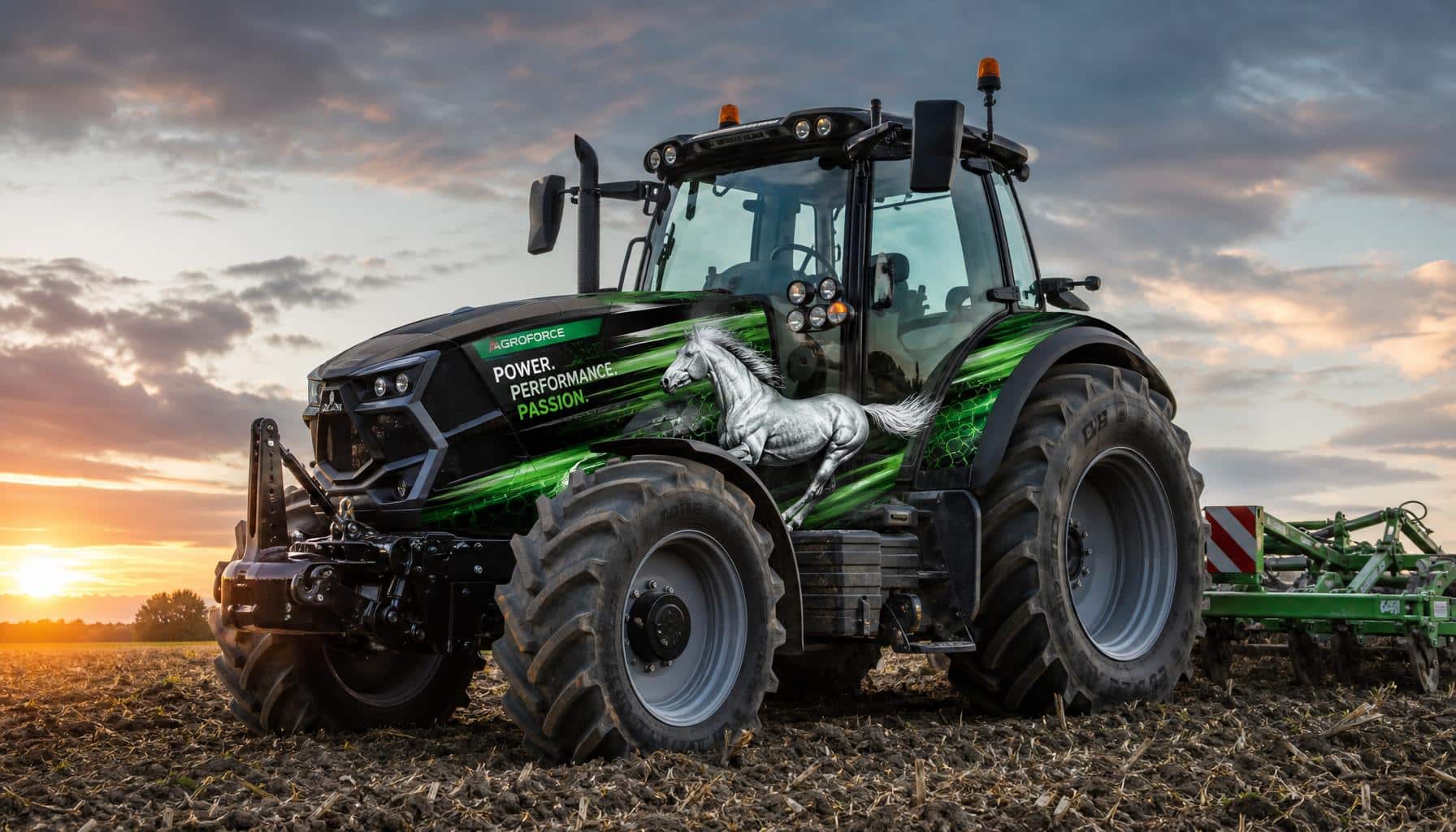 Traktor mit Folienbeschriftung auf einem Feld im Emsland