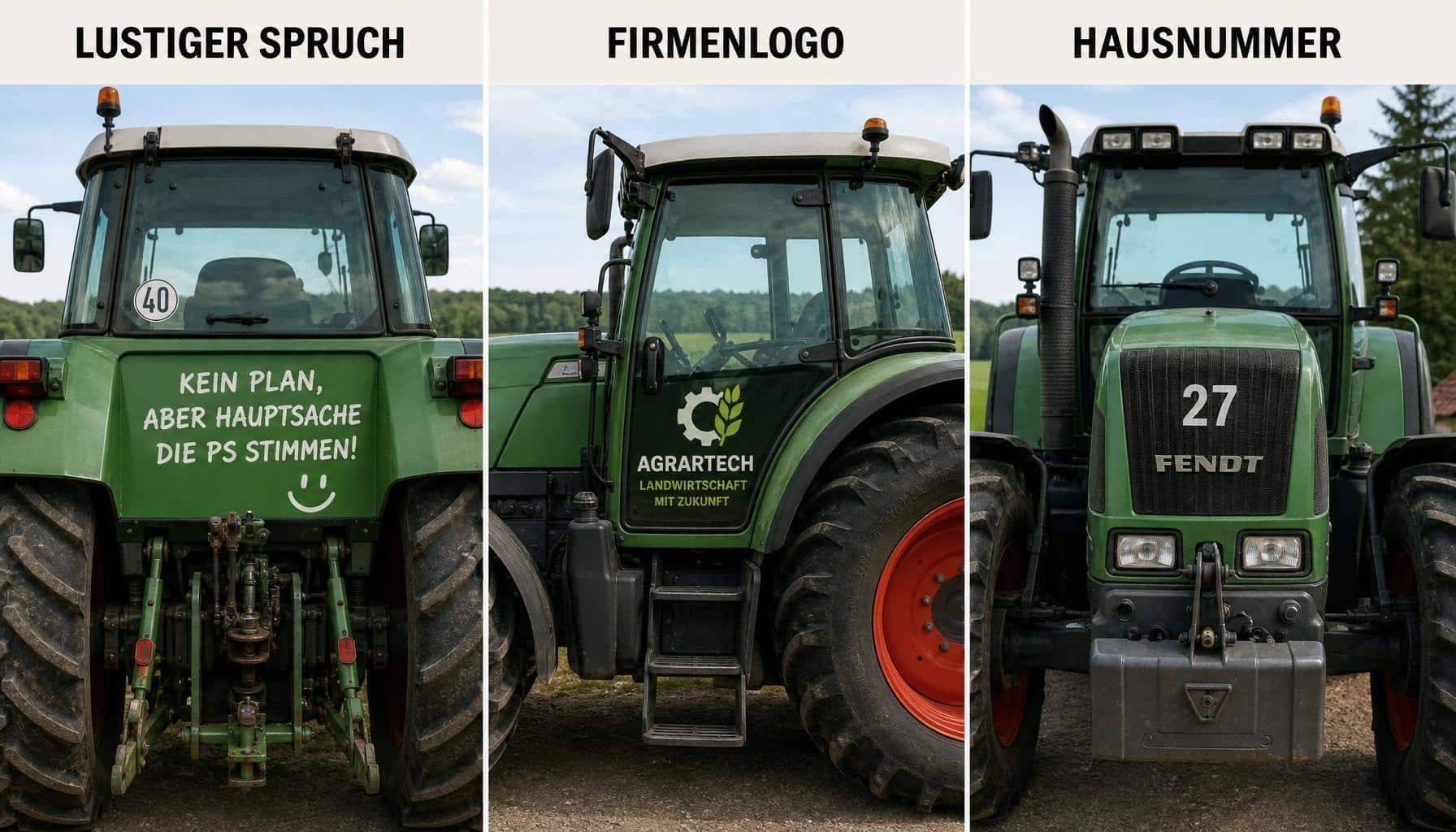 Vergleich Traktorbeschriftung: lustiger Spruch, Firmenlogo und Hausnummer auf einer Traktorseite