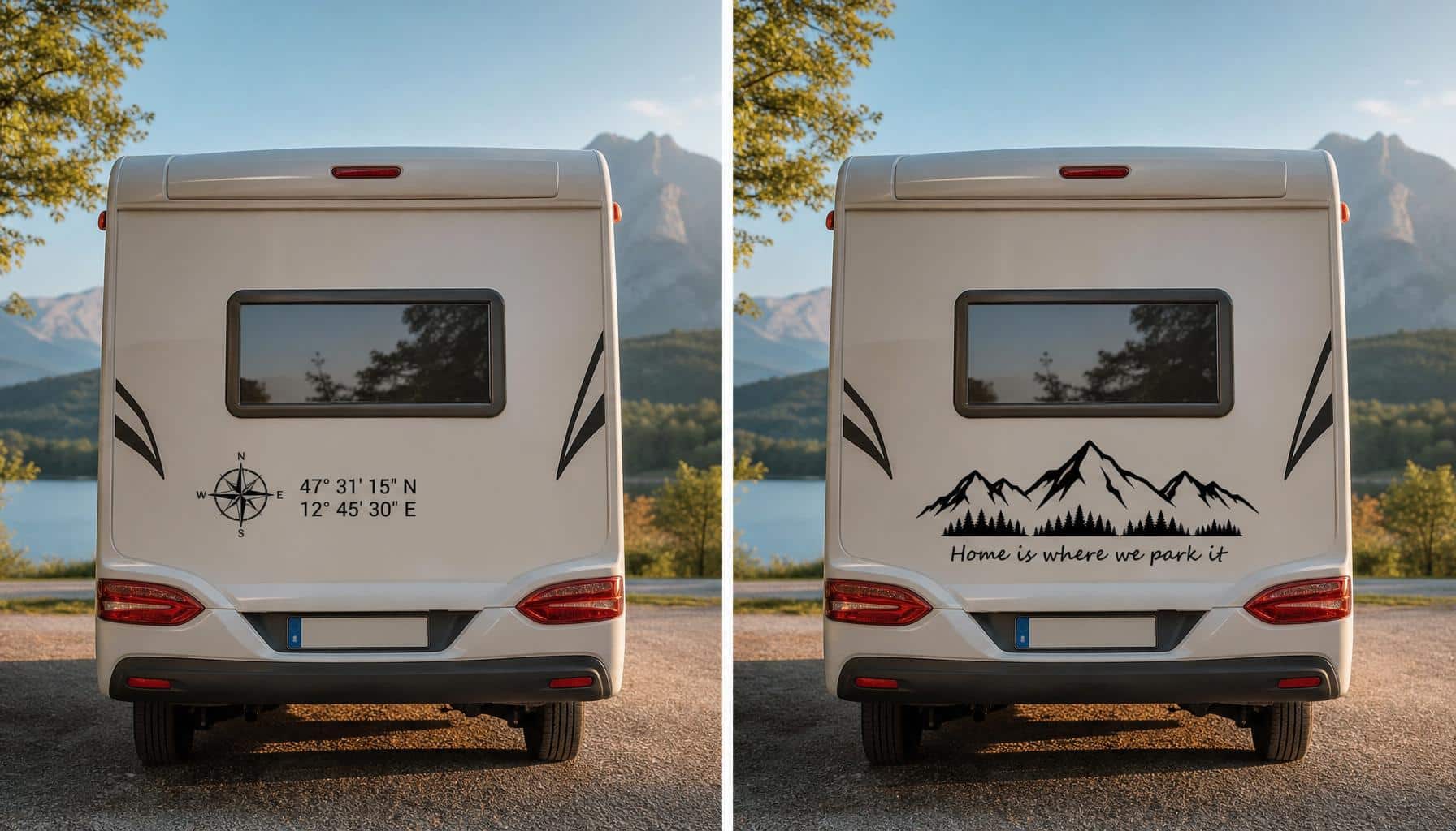 Vergleichsbild zu Wohnmobil-Aufkleber: Koordinaten, Bergsilhouette und Schriftzug auf einem Wohnmobil