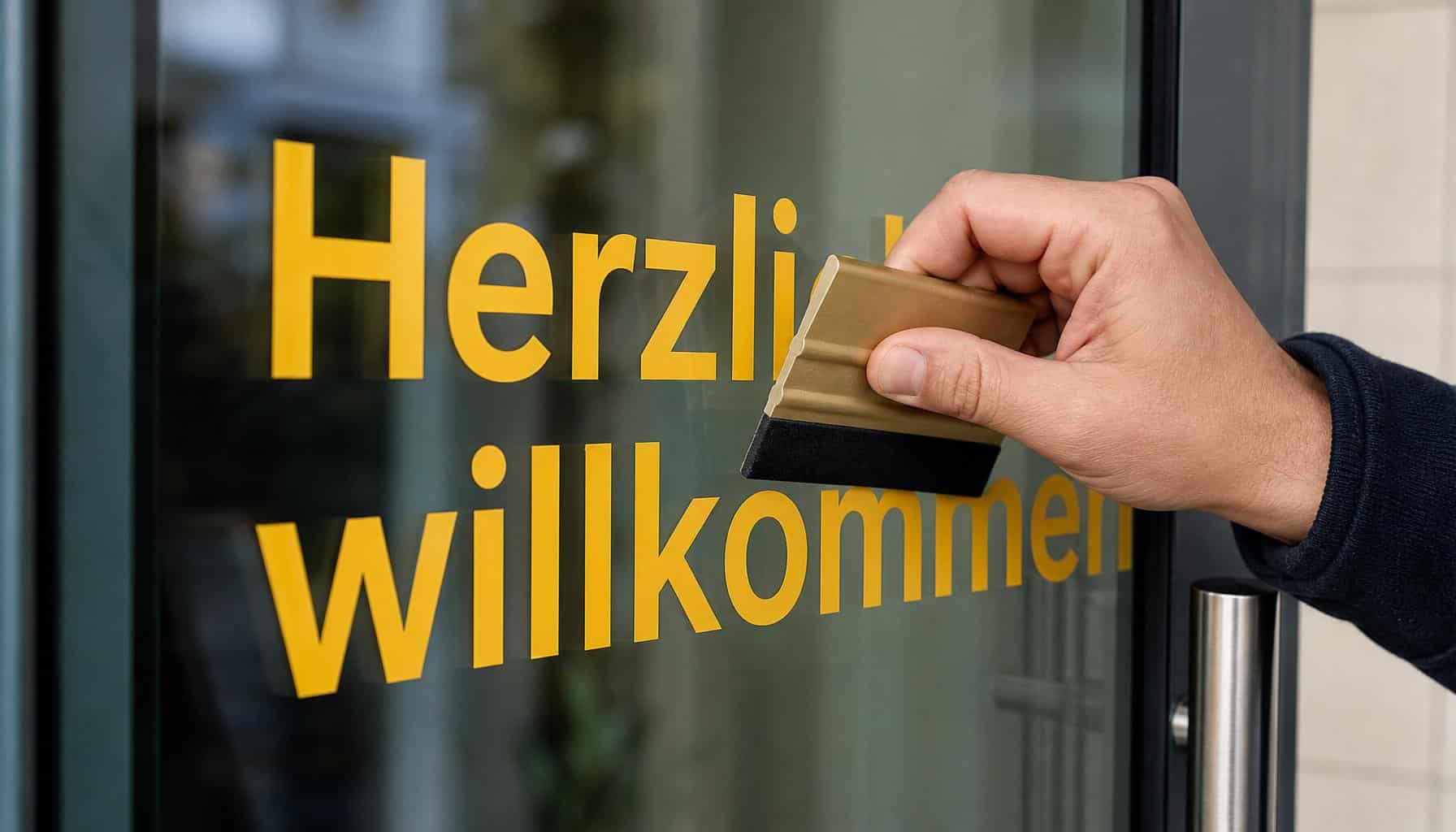 Öffnungszeiten-Aufkleber werden mit der Rakel auf der Glastür angedrückt