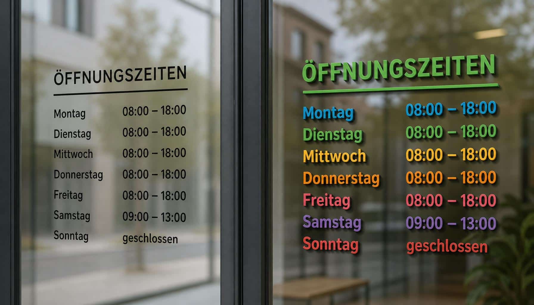 Schlichte und farbig gestaltete Öffnungszeiten als Klebebuchstaben im Vergleich