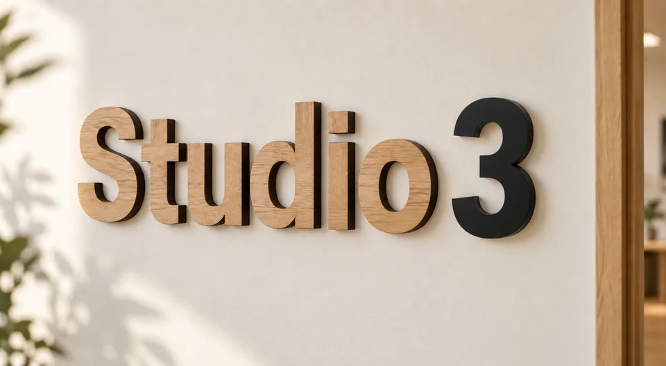Dreidimensionaler Schriftzug „Studio 3“ mit Holzbuchstaben und schwarzer Zahl an einer Wand