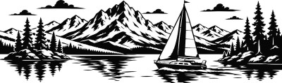 Wohnmobil-Aufkleber Segelboot am See vor Bergen und Tannen