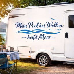 Spruch-Aufkleber „Mein Pool hat Wellen – heißt Meer“ – Wellen & Möwen (Wohnmobil/Caravan)