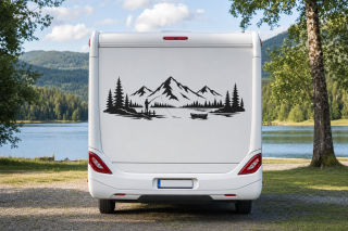 Wohnmobil-Aufkleber Angler auf Steg am Bergsee mit Boot