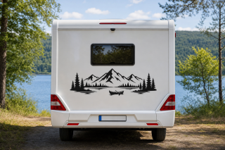 Wohnmobil-Aufkleber Bergsee mit Kanu und Tannenwald