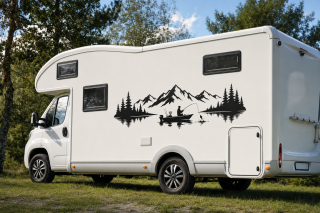 Wohnmobil-Aufkleber Angler mit Boot am Bergsee