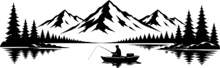 Wohnmobil-Aufkleber Angelboot am Bergsee mit Tannenwald