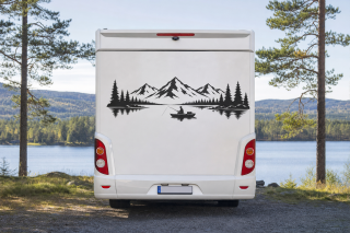Wohnmobil-Aufkleber Angelboot am Bergsee mit Tannenwald