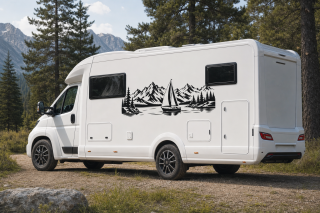 Wohnmobil-Aufkleber Segelboot am Bergsee mit Alpenpanorama
