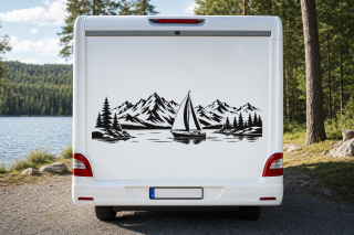 Wohnmobil-Aufkleber Segelboot am Bergsee mit Alpenpanorama
