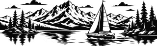 Wohnmobil-Aufkleber Segelboot am See vor Bergen und Tannen