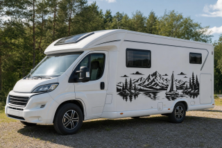 Wohnmobil-Aufkleber Segelboot am See vor Bergen und Tannen