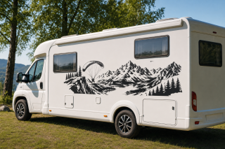 Wohnmobil-Aufkleber Gleitschirmflieger vor Bergpanorama