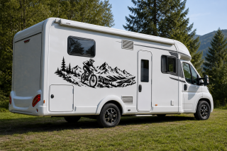 Wohnmobil-Aufkleber Mountainbiker bergab vor Bergpanorama