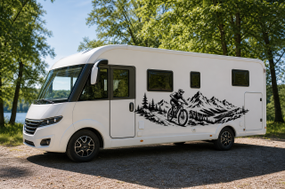 Wohnmobil-Aufkleber Mountainbiker bergab vor Bergpanorama