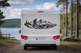 Wohnmobil-Aufkleber Mountainbiker bergab vor Bergpanorama