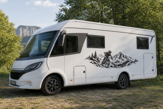Wohnmobil-Aufkleber Mountainbiker in Action am Berghang