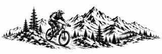 Wohnmobil-Aufkleber Mountainbiker vor Bergpanorama und Tannenwald