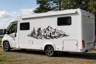 Wohnmobil-Aufkleber Mountainbiker vor Bergpanorama und Tannenwald