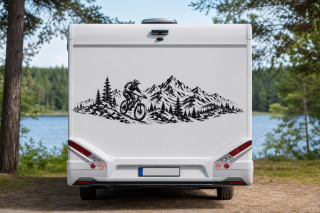 Wohnmobil-Aufkleber Mountainbiker vor Bergpanorama und Tannenwald