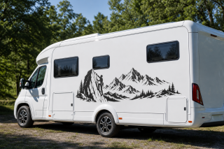 Wohnmobil-Aufkleber Kletterer am Fels mit Bergpanorama