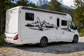 Wohnmobil-Aufkleber Windsurfer am See vor Bergpanorama