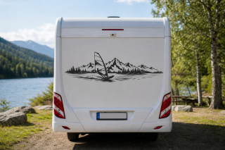 Wohnmobil-Aufkleber Windsurfer am See vor Bergpanorama