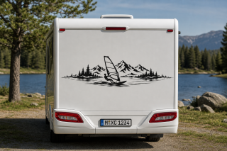 Wohnmobil-Aufkleber Windsurfer am See mit Tannen