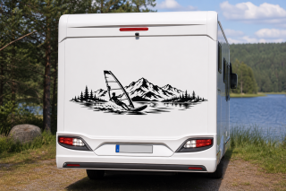 Wohnmobil-Aufkleber Windsurfer am Bergsee mit Tannen