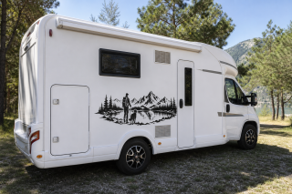 Wohnmobil-Aufkleber Wanderer mit Hund am Bergsee